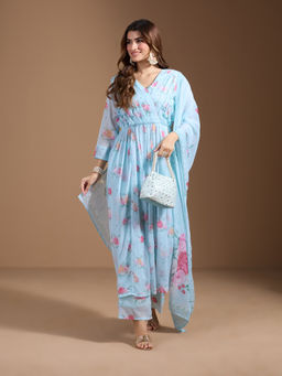 Gahan - Chiffon Mirror Work Floral Printed Pleated Anarkali Pant with Dupatta (Set of 3)