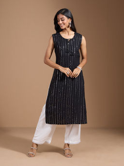 Gahan - Rayon Mirror Work Embroidered Embellished Black Kurtas ()
