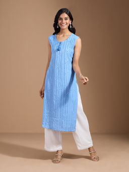 Gahan - Rayon Mirror Work Embroidered Embellished Blue Kurtas