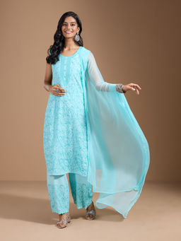 Gahan - Rayon Embroidered Embellished Thread Work Blue Kurta Palazzo with Dupatta (Set of 3)