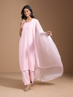 Gahan - Rayon Embroidered Embellished Thread Work Pink Kurta Palazzo with Dupatta (Set of 3)