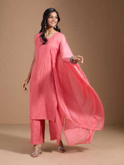 Gahan - Rayon Embroidered Embellished Thread Work Peach Kurta Palazzo with Dupatta (Set of 3)