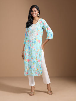 Gahan - Rayon Floral Chikankari All Over Printed Blue Kurtas