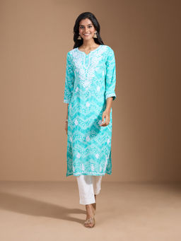 Gahan - Rayon Chikankari All Over Abstract Printed Blue Kurtas
