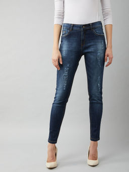 DOLCE CRUDO - Women's Navy Blue Skinny Fit High Rise Mild Distressed Ripped Denim Jeans