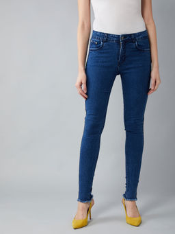 DOLCE CRUDO - Women's Navy Blue Relaxed Mid Rise Clean Look Regular Length Denim Jeans Pant