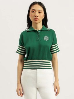 United Colors of Benetton - Women Stripes Green Collar Neck Polo T-Shirt
