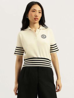 United Colors of Benetton - Women Stripes Cream Collar Neck Polo T-Shirt