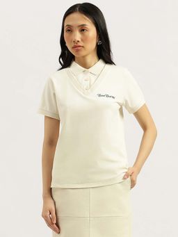 United Colors of Benetton - Women Solid Off White Collar Neck T-Shirt