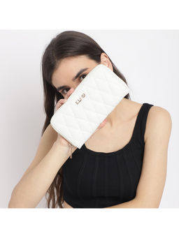 KLEIO - Quilted PU Leather BI Fold Zip Closure Multi Pockets and Slots Clutch Wallet-White