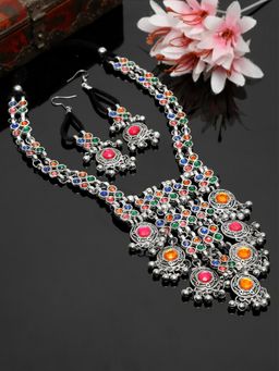 Yellow Chimes - Oxidised Silver-Plated Green Multilayer charmed Jewellery set