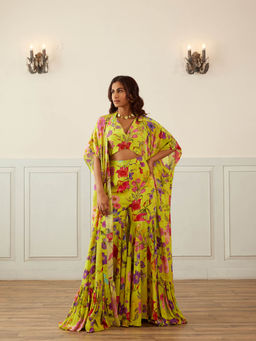 House of Pink - Green Chanderi Floral & Embellished Blouse Sharara & Cape (Set of 3)