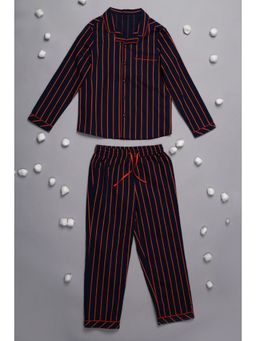 One Friday - Kids Boys Navy Blue Stripes Night Suit (Set of 2)