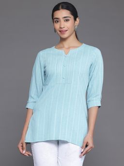 Libas - Blue Cotton Blend Self Design Side Silt Tunic