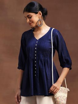 Libas - Blue Ethnic Motifs Woven Design Pleated A-Line Tunic