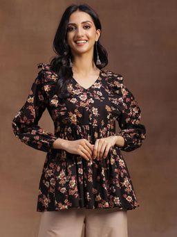 Libas - Black Floral Printed A-Line Pleated Top