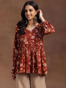 Libas - Rust Floral Printed A-Line Pleated Top
