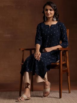 Libas - Blue Ethnic Motif Woven Design Straight Kurta With Pocket