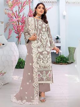 Odette - Mauve Embroidered Georgette Semi Stitched Kurta With Pant & Dupatta (Set of 3)