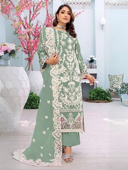 Odette - Olive Embroidered Georgette Semi Stitched Kurta With Pant & Dupatta (Set of 3)