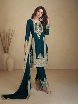 Odette - Teal Embroidered Georgette Semi Stitched Kurta With Pant & Dupatta (Set of 3)
