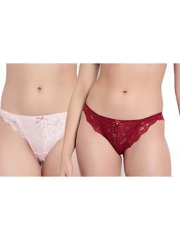 BRACHY - Maroon and Peach Mid-Rise Net Self Design Panties Bikini Briefs (Pack of 2)