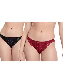 BRACHY - Black and Maroon Mid-Rise Net Self Design Panties Bikini Briefs (Pack of 2)