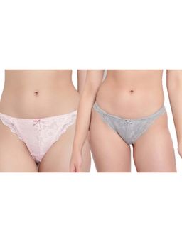 BRACHY - Peach and Grey Mid-Rise Net Self Design Panties Bikini Briefs (Pack of 2)
