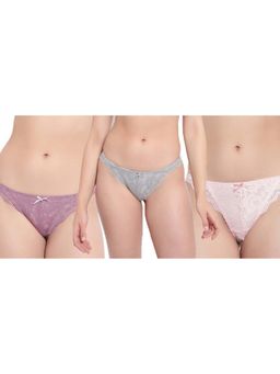 BRACHY - Purple, Peach and Grey Mid-Rise Net Self Design Panties Bikini Briefs (Pack of 3)