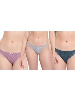 BRACHY - Green, Purple and Grey Mid-Rise Net Self Design Panties Bikini Briefs (Pack of 3)