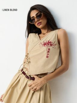 The Souled Store - Womens Cotton Linen Vest: Spider Lily Crop Top