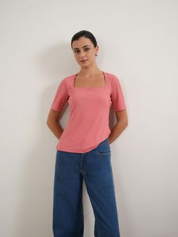 FABLE STREET - Ribbed Knit Regular Fit Short Sleeve Square Neck Top