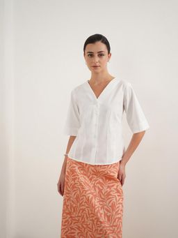 FABLE STREET - Stretch Cotton Slim Fit Short Sleeve V Neck Button Front Top