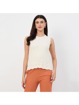 Madame - Beige Scallop Hem Cotton Knit Top