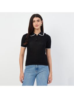 Madame - Black Contrast Trim Cotton Polo T-Shirt