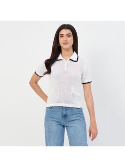 Madame - White Contrast Trim Cotton Polo T-Shirt