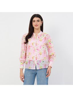 Madame - Pink Printed Semi-Sheer Tencel Mandarin Collar Top