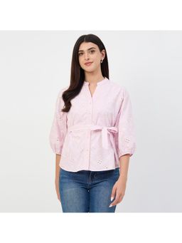 Madame - Pink Cotton Mandarin Collar Top with Belt