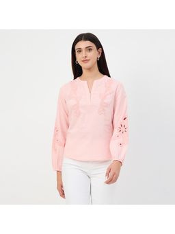 Madame - Powder Pink Embroidered Cotton Linen Tunic Top