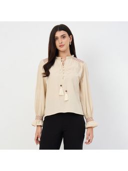 Madame - Beige Gather Detail Cotton Top