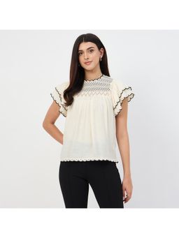 Madame - Off White Scallop Trim Viscose Gather Top