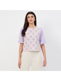 Madame - Lilac Crochet Overlay Puff Sleeve Top