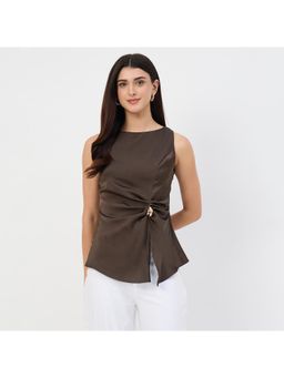 Madame - Olive Ruched Sleeveless Long Top