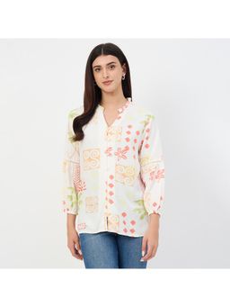 Madame - Off White Printed Mandarin Collar Viscose Tunic