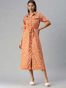SHOWOFF - Women Geometric Orange Shirt Dress
