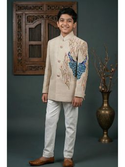 Lagorii - Beige Jodhpuri Suit with Peacock Embroidery