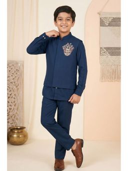 Lagorii - Blue Embroidered Kurta Set With Mandarin Collar