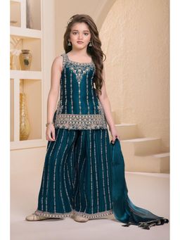 Lagorii - Peacock Blue Designer Embroidered Kurta and Sharara with Dupatta Set