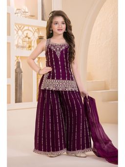 Lagorii - Wine Designer Embroidered Kurta and Sharara with Dupatta Set