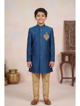 Lagorii - Elegant Boys Royal Blue Sherwani with Gold Motif Embroidery And Pyjama Set